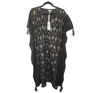 White Waves Black Gold Geometric Diamond Kaftan Swim Cover Up Tassels OS NEW